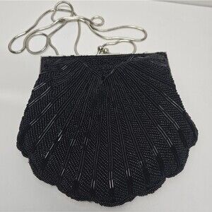PURSUITS BLACK BEADED CLAMSHELL EVENING CROSSBODY CLUTCH PURSE BAG